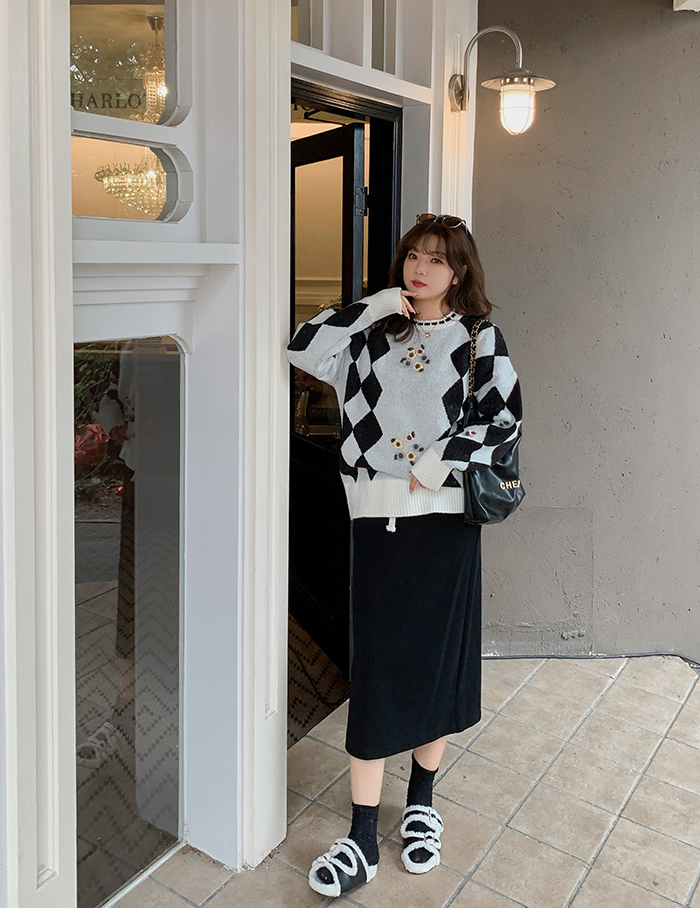 大きいサイズ レディース ラウンドネックレトロ小花ダイヤ柄プルオーバーセーター LL 3L 4L