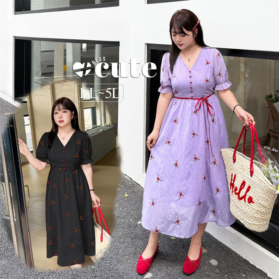 大きいサイズ レディース Vネック刺繍入りリボン花柄ワンピース LL 3L 4L 5L