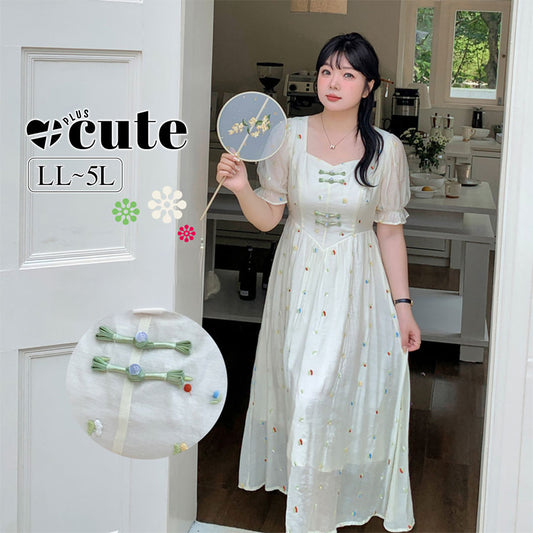 大きいサイズ レディース フレンチスクエアネックのフラワー刺繍ワンピース LL 3L 4L 5L
