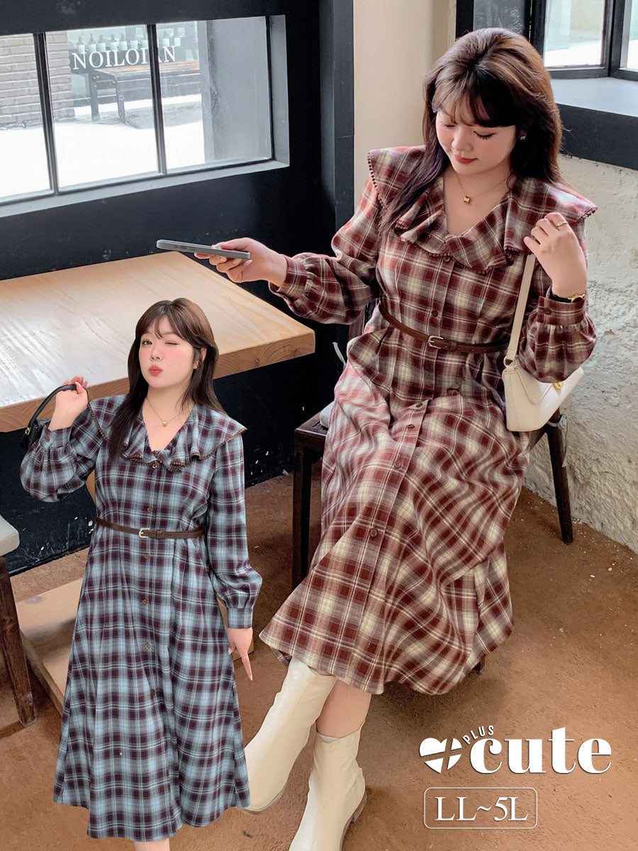 大きいサイズ レディース ラペルチェック柄ボタンダウンベルト付きワンピース LL 3L 4L 5L