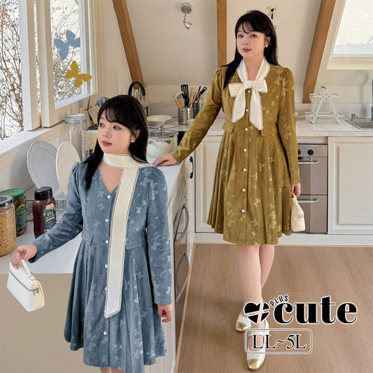 大きいサイズ レディース Vネックレースタイベルベットワンピース  LL 3L 4L 5L