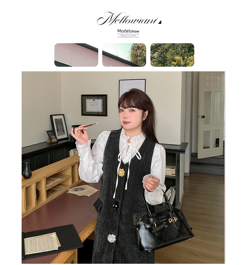 大きいサイズ レディース リボンフレンチシャツ+フラワーボタンサスペンダーワンピース2点セット LL 3L 4L 5L