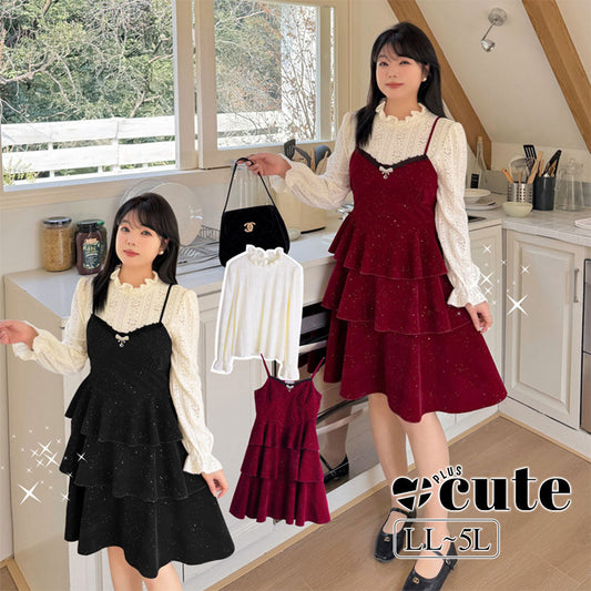 大きいサイズ レディース レースインナーシャツ+ガーリーフリルサスペンダーワンピース2点セット LL 3L 4L 5L