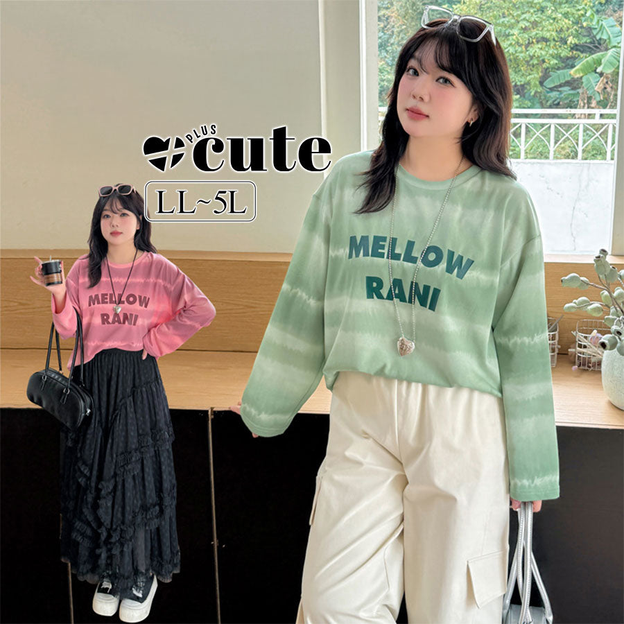 大きいサイズ レディース ワイドストライプグラデーションプリントニットロングTシャツ LL 3L 4L 5L