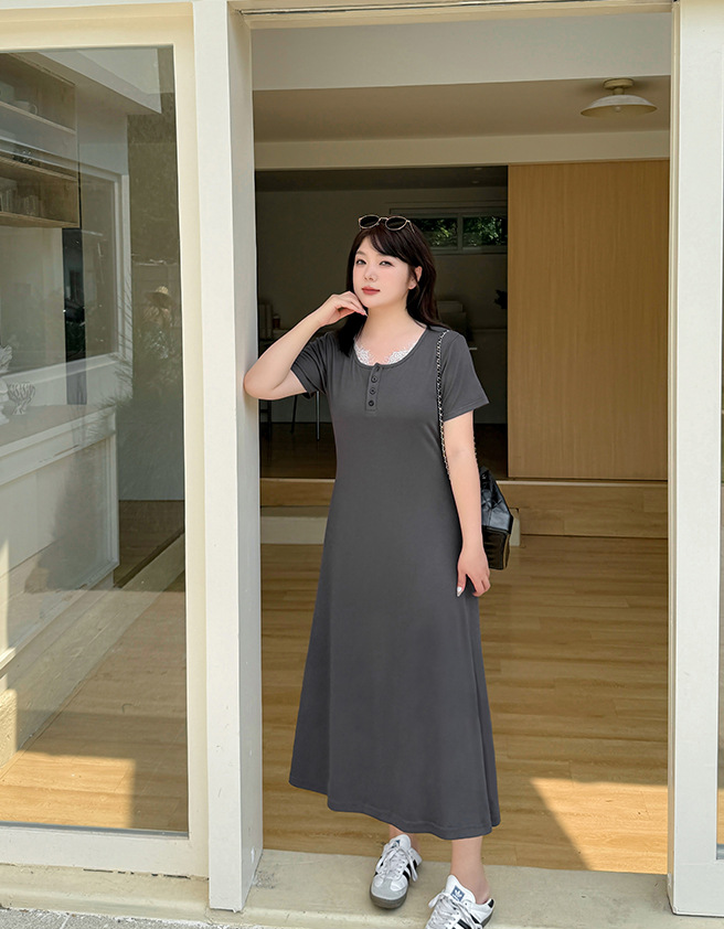 大きいサイズ レディース シンプルレースパッチワークワンピース(ロング/ショート丈) LL 3L 4L 5L