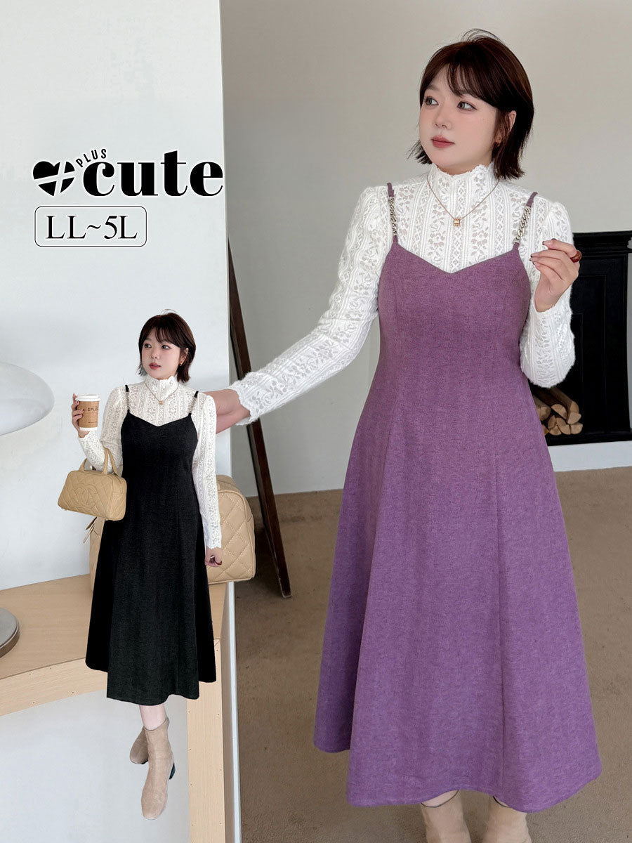 大きいサイズ レディース ツーピースセット(レーストップス+スリップワンピース) LL 3L 4L 5L