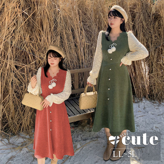 大きいサイズ レディース Vネックレースフェイクツーピースロングワンピース LL 3L 4L 5L