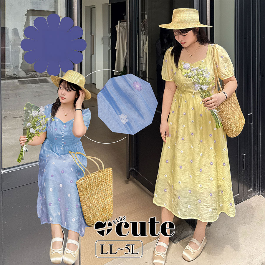 大きいサイズ レディース スクエアネック小花刺繍ワンピース LL 3L 4L 5L
