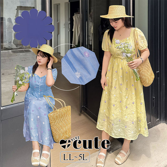 大きいサイズ レディース スクエアネック小花刺繍ワンピース LL 3L 4L 5L