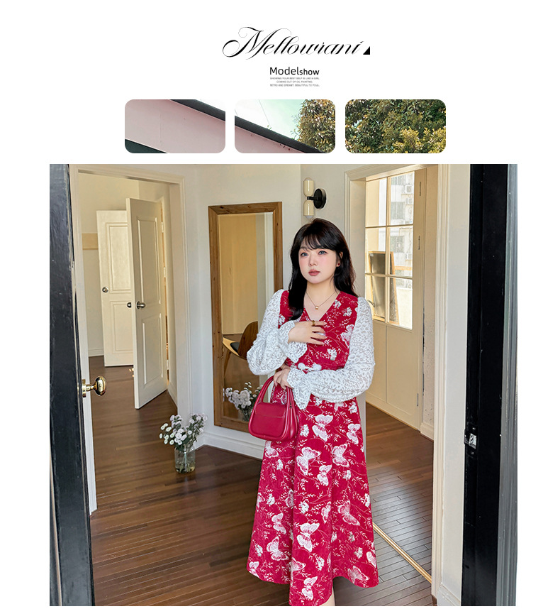 大きいサイズ レディース フェイクツーピースバタフライ刺繍レースワンピース LL 3L 4L 5L