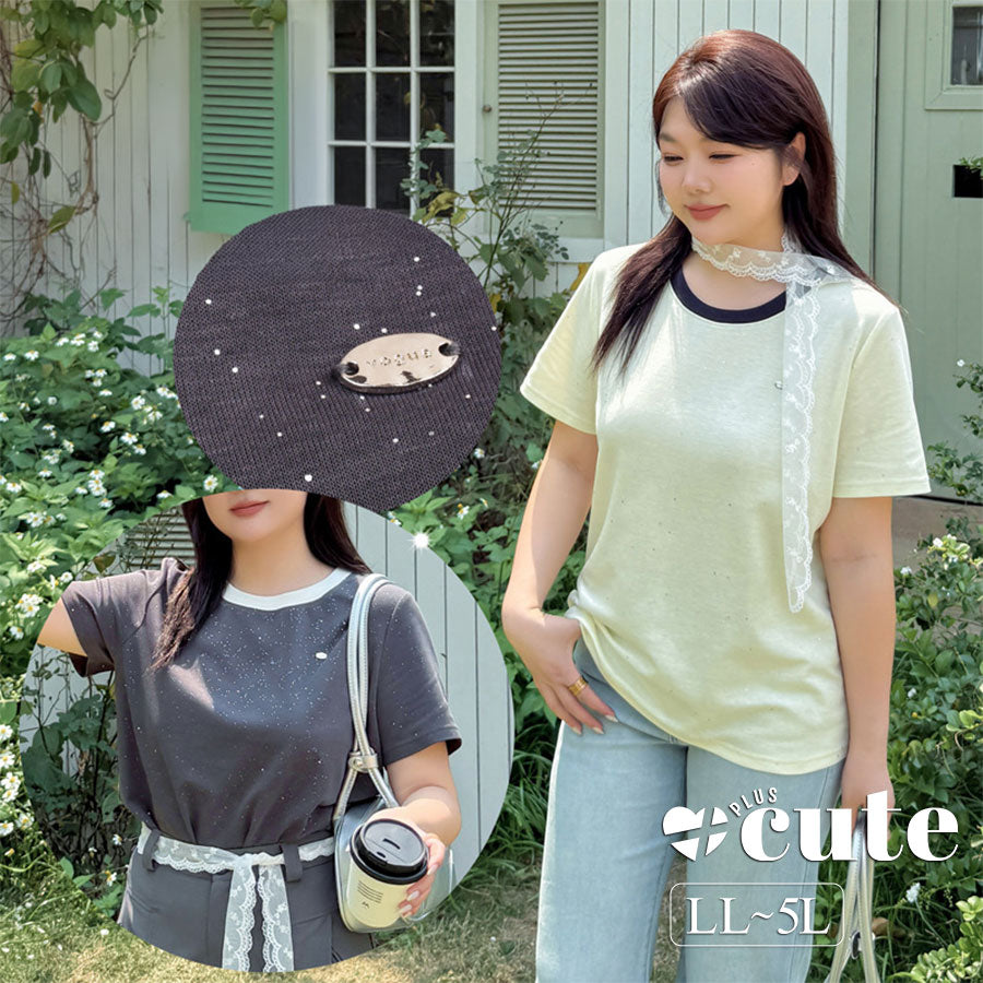 大きいサイズ レディース ラウンドネックシルバーフレーク半袖Tシャツ LL 3L 4L 5L
