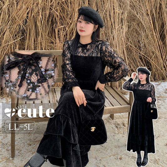 大きいサイズ レディース チャイナ風スパンコールレースレトロワンピース LL 3L 4L 5L