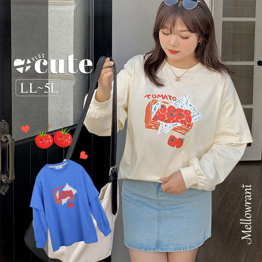 大きいサイズ レディース ラウンドネックフェイクツーピースTシャツ LL 3L 4L 5L