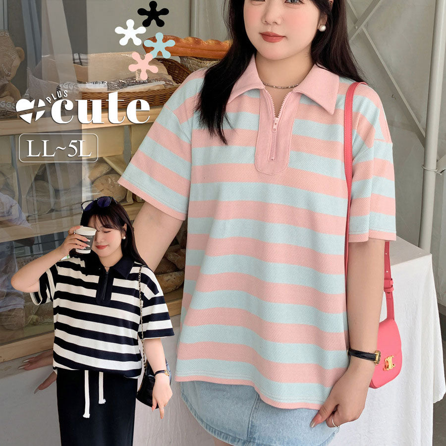大きいサイズ レディース カレッジスタイルストライプポロカラー半袖シャツ LL 3L 4L 5L