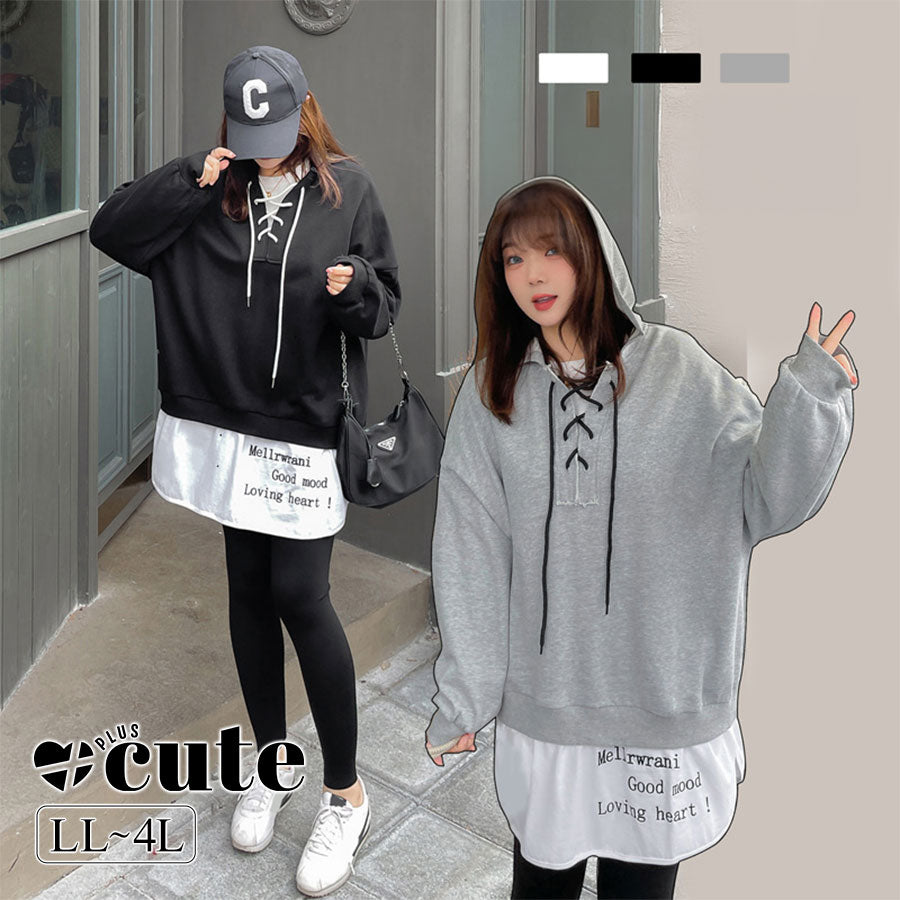 大きいサイズ レディース フード付きフェイクツーピーススウェットシャツ LL 3L 4L