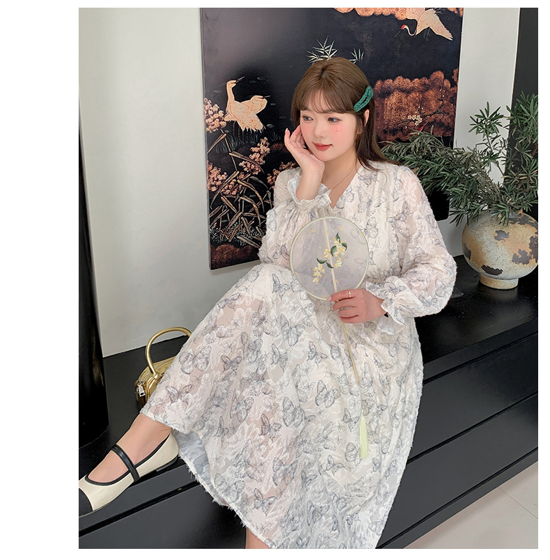 大きいサイズ レディース Vネックバタフライプリントフレンチワンピース(半袖/長袖) LL 3L 4L 5L