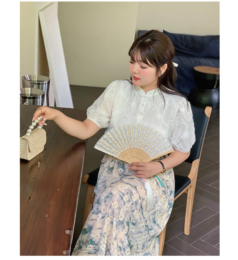 大きいサイズ レディース レトロチャイナ風ジャガードシフォン半袖シャツ LL 3L 4L 5L