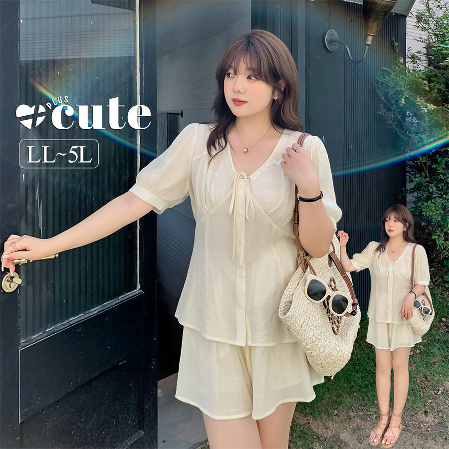 大きいサイズ レディース リボンフレンチセットアップ(トップス+ショートスカートパンツ) LL 3L 4L 5L