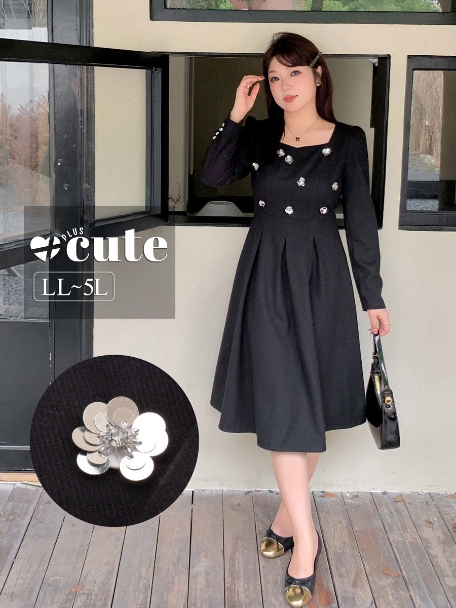 大きいサイズ レディース スパンコールスクエアネックブラックワンピース LL 3L 4L 5L