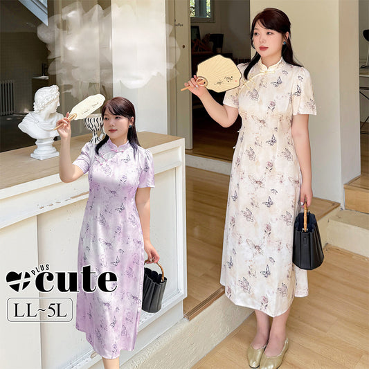 大きいサイズ レディース バタフライ花柄サテンチャイナ風ワンピース LL 3L 4L 5L