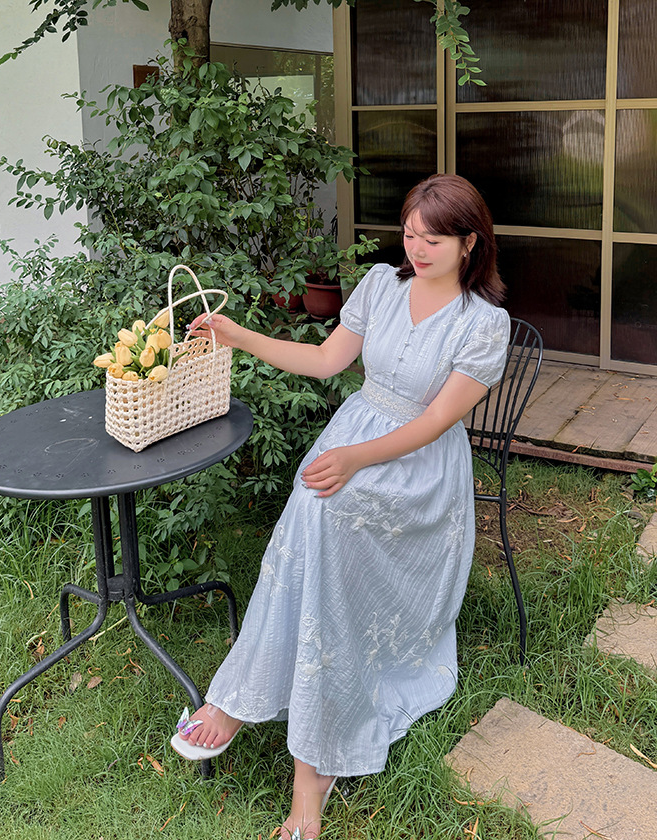 大きいサイズ レディース Vネック花柄レースウエストスパンコール刺繍ワンピース LL 3L 4L 5L