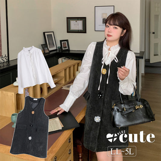 大きいサイズ レディース リボンフレンチシャツ+フラワーボタンサスペンダーワンピース2点セット LL 3L 4L 5L