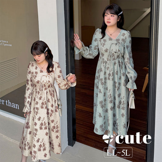 大きいサイズ レディース Vネック花柄プリントチャイナ風レトロワンピース LL 3L 4L 5L