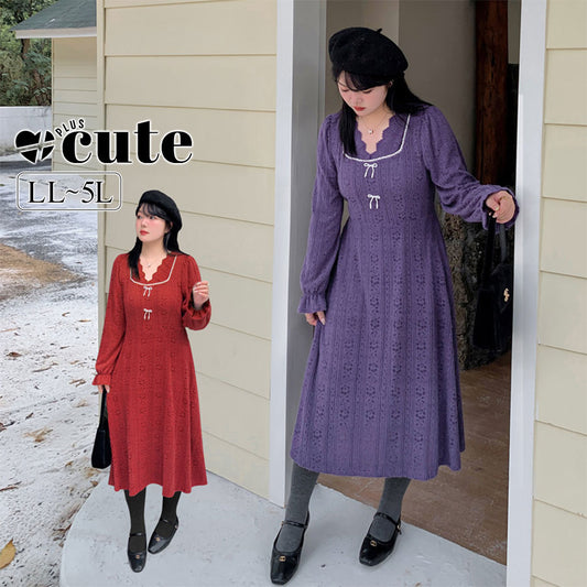 大きいサイズ レディース  Vネックレースビーズレトロフレンチワンピース LL 3L 4L 5L