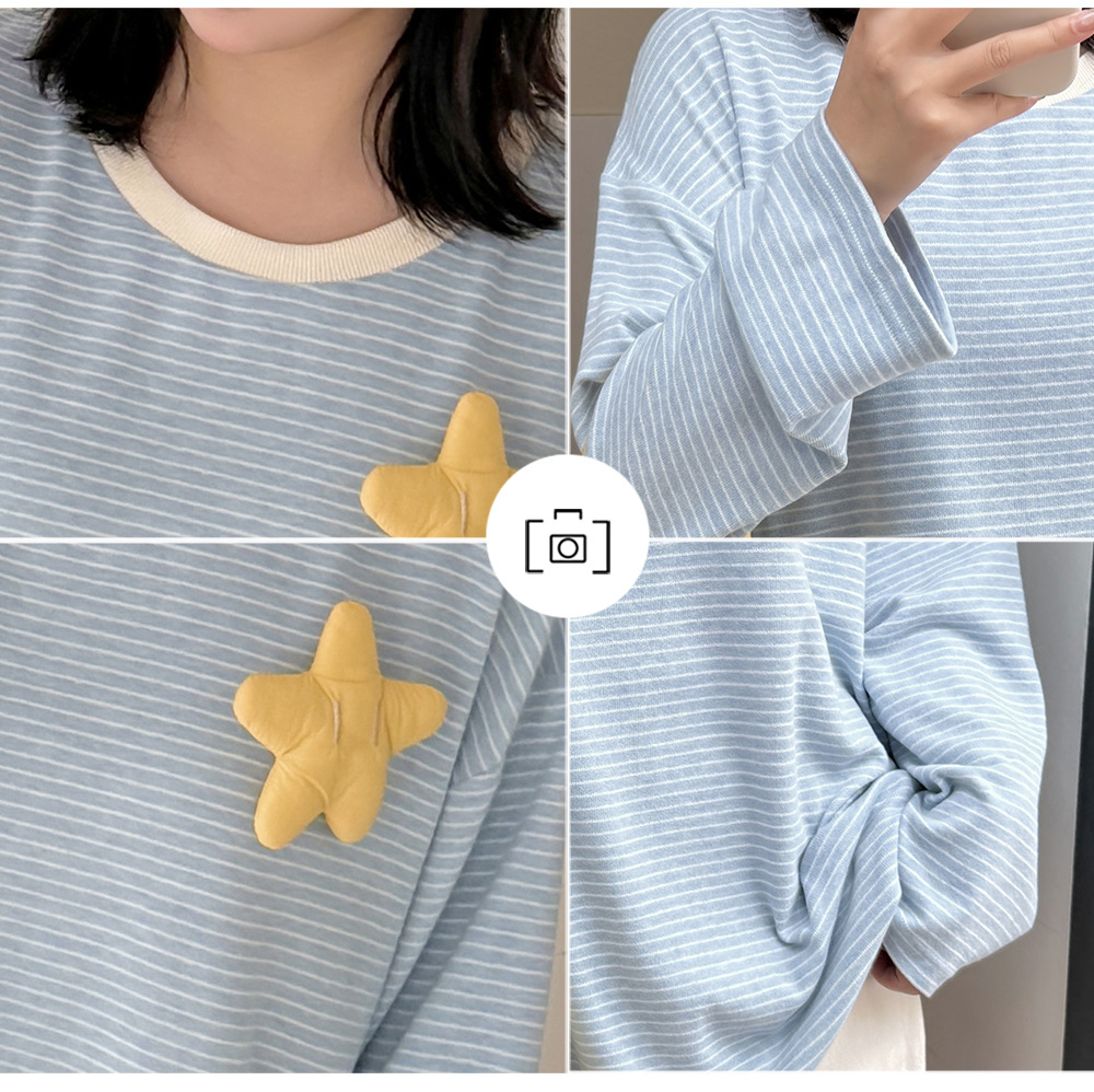大きいサイズ レディース 星飾り付きラウンドネックニット長袖ストライプTシャツ LL 3L 4L 5L