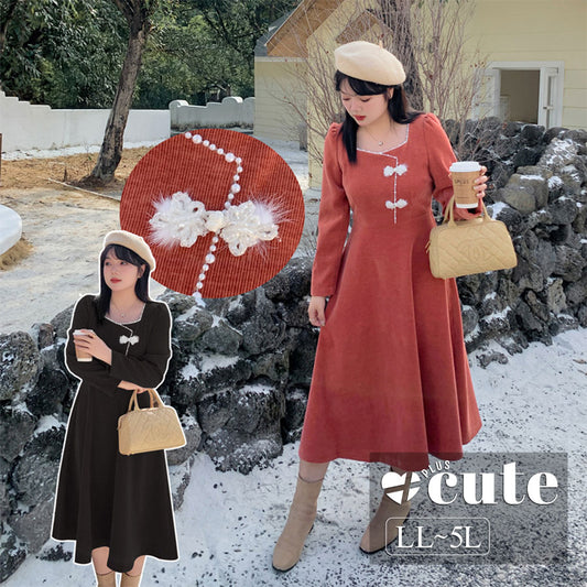 大きいサイズ レディース ビーズスクエアネックフレンチレトロワンピース LL 3L 4L 5L