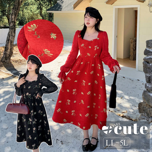 大きいサイズ レディース スクエアネック刺繍レースフェイクツーピースワンピース LL 3L 4L 5L