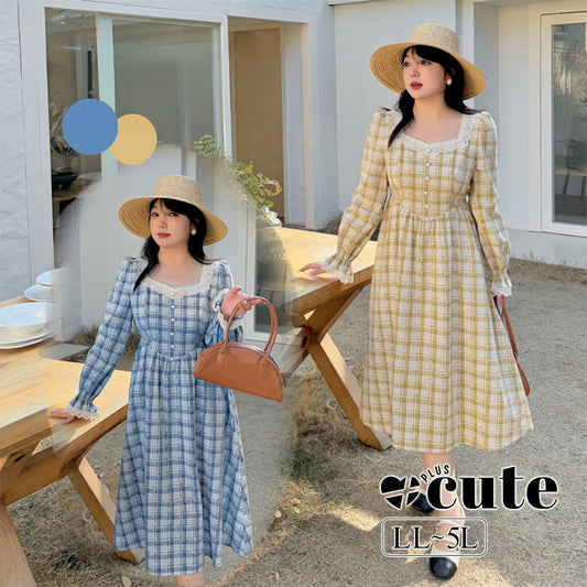大きいサイズ レディース レーススクエアネックチェック柄フレンチワンピース LL 3L 4L 5L