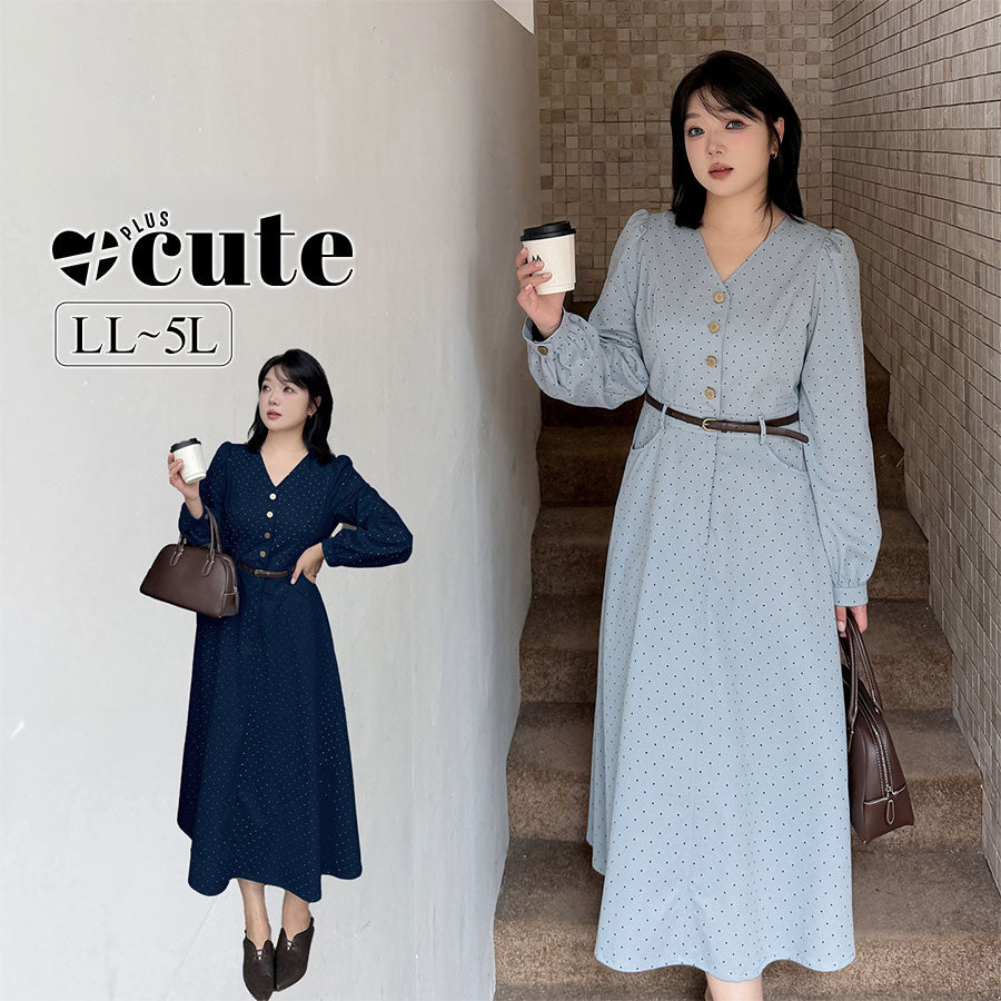 大きいサイズ レディース Vネックハイセンス水玉ドットウエストワンピース(ベルト別売) LL 3L 4L 5L