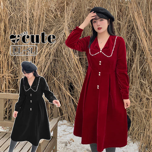 大きいサイズ レディース Vネックビーズカラーフレンチワンピース LL 3L 4L 5L