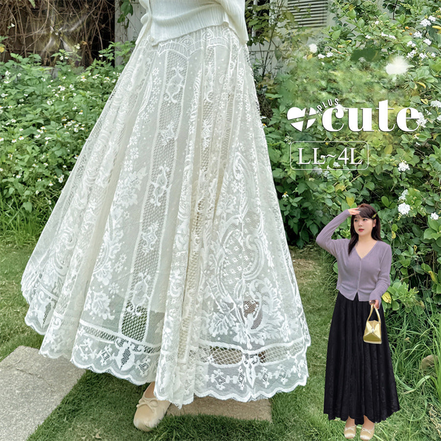 大きいサイズ レディース フレンチレトロハイウエストレーススカート LL 3L 4L