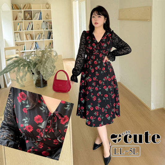 大きいサイズ レディース Vネックフェイクツーピースローズプリントワンピース LL 3L 4L 5L