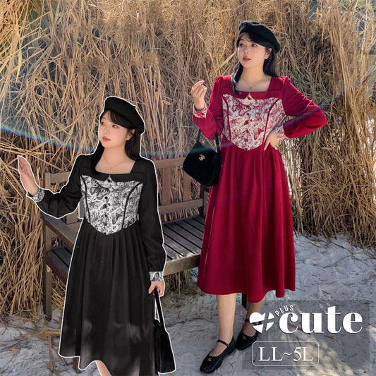 大きいサイズ レディース バタフライスクエアカラーパッチワークワンピース LL 3L 4L 5L