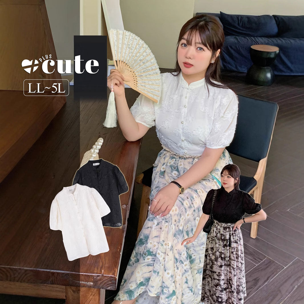 大きいサイズ レディース レトロチャイナ風ジャガードシフォン半袖シャツ LL 3L 4L 5L
