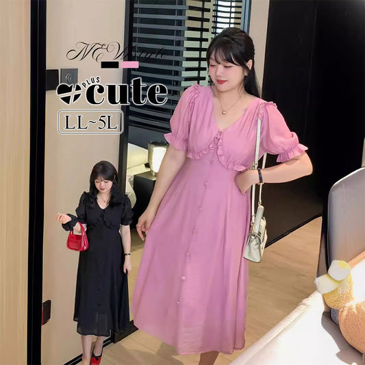 大きいサイズ レディース Vネック前ボタンフリルワンピース+ヘアゴム2点セット LL 3L 4L 5L