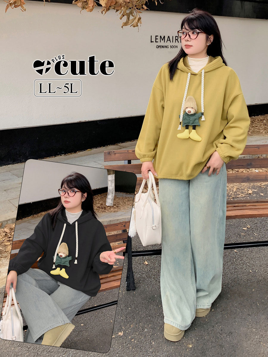 大きいサイズ レディース 帽子くまのマスコット付きベルベットパーカー LL 3L 4L 5L