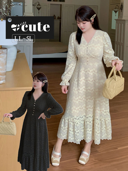 大きいサイズ レディース Vネックレースベルベットレトロワンピース LL 3L 4L 5L