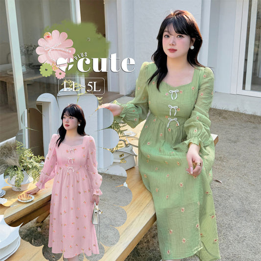 大きいサイズ レディース ビーズリボン付きスクエアネック花柄刺繍ワンピース LL 3L 4L 5L