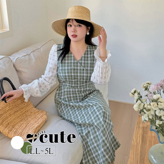 大きいサイズ レディース レースチェック柄フェイクツーピース フレンチワンピース LL 3L 4L 5L