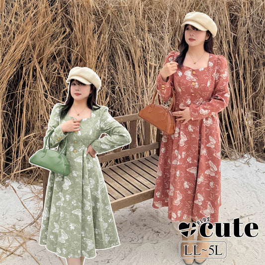 大きいサイズ レディース フレンチスクエアバタフライ刺繍ロングワンピース LL 3L 4L 5L