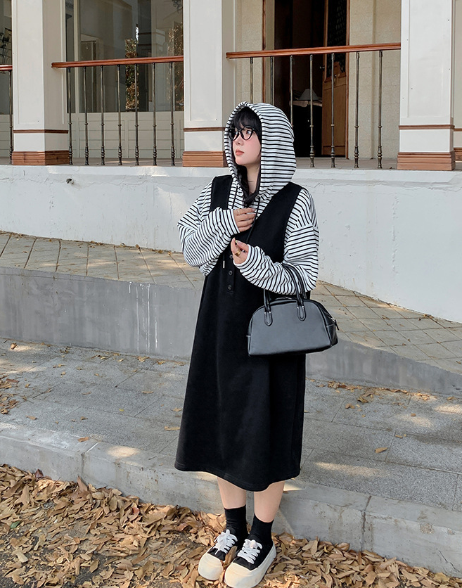 大きいサイズ レディース ストライプパーカー+サスペンダーワンピース2点セット  LL 3L 4L 5L