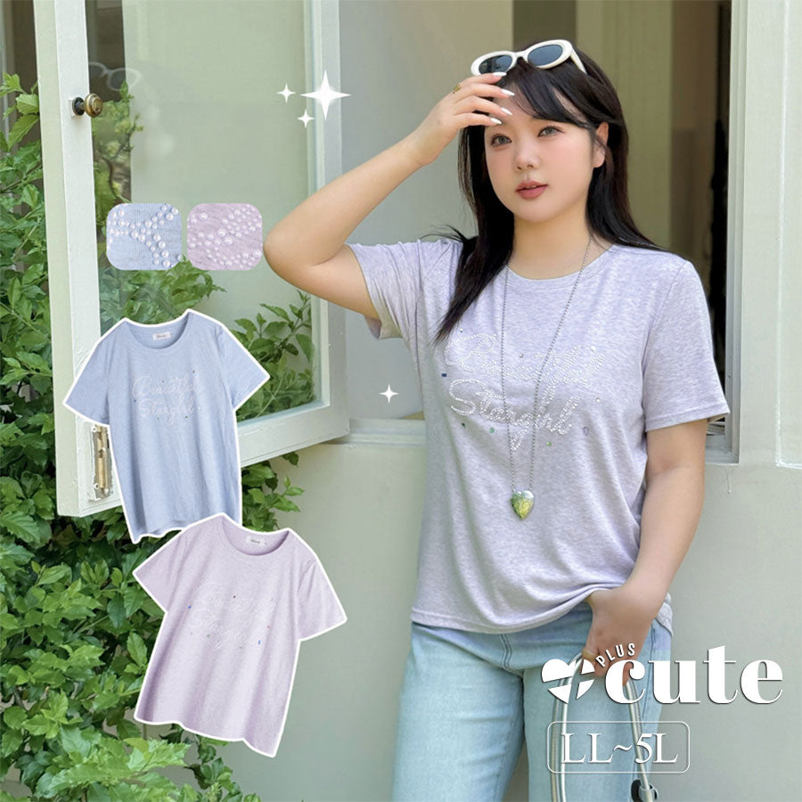 大きいサイズ レディース ビーズロゴ半袖カジュアルTシャツ LL 3L 4L 5L