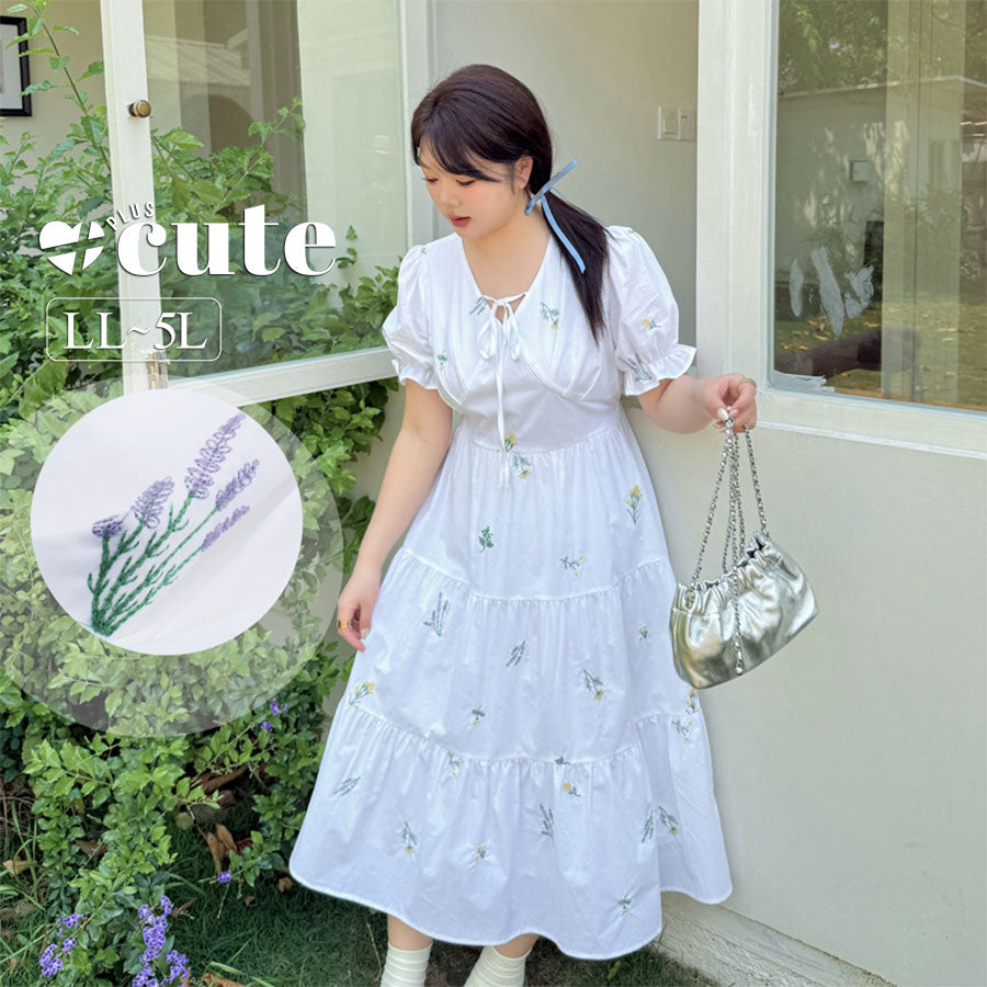 大きいサイズ レディース 草花刺繍入りリボンコットンティアードワンピース LL 3L 4L 5L