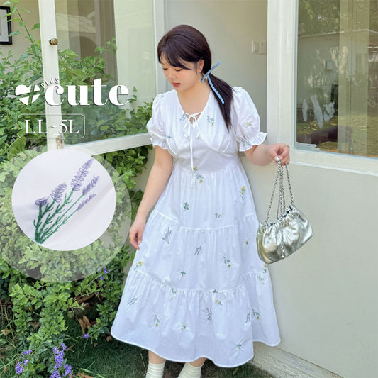 大きいサイズ レディース 草花刺繍入りリボンコットンティアードワンピース LL 3L 4L 5L