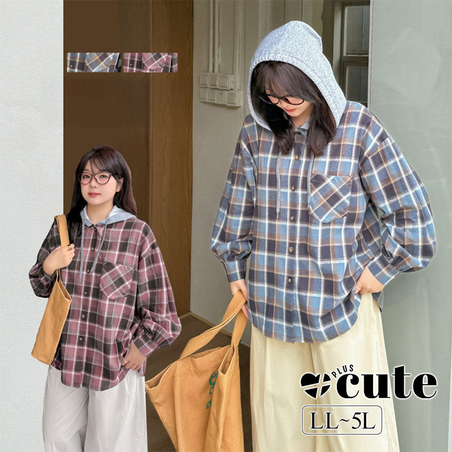 大きいサイズ レディース フード付きフェイクツーピースカジュアルチェックシャツ LL 3L 4L 5L