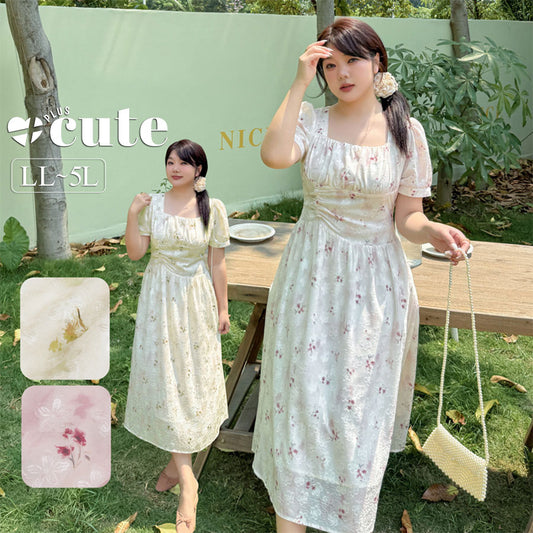 大きいサイズ レディース スクエアネック花柄プリントプリーツワンピース LL 3L 4L 5L